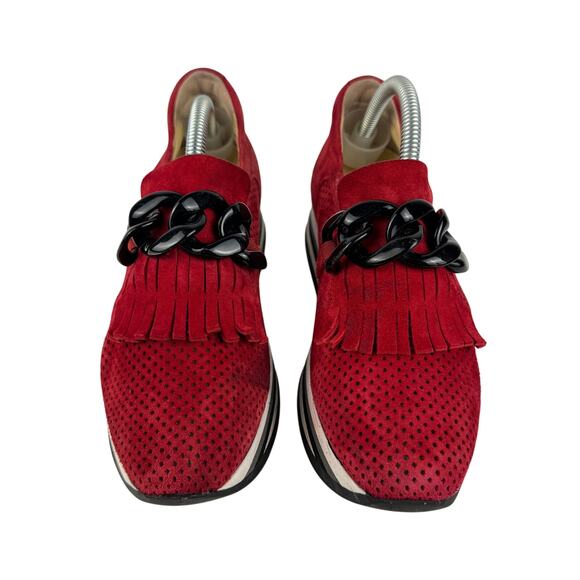 Softwaves Cadie Women’s 36.5 Red Suede Wedge Sneakers Fringe Chain Arch Support - Picture 3 of 15
